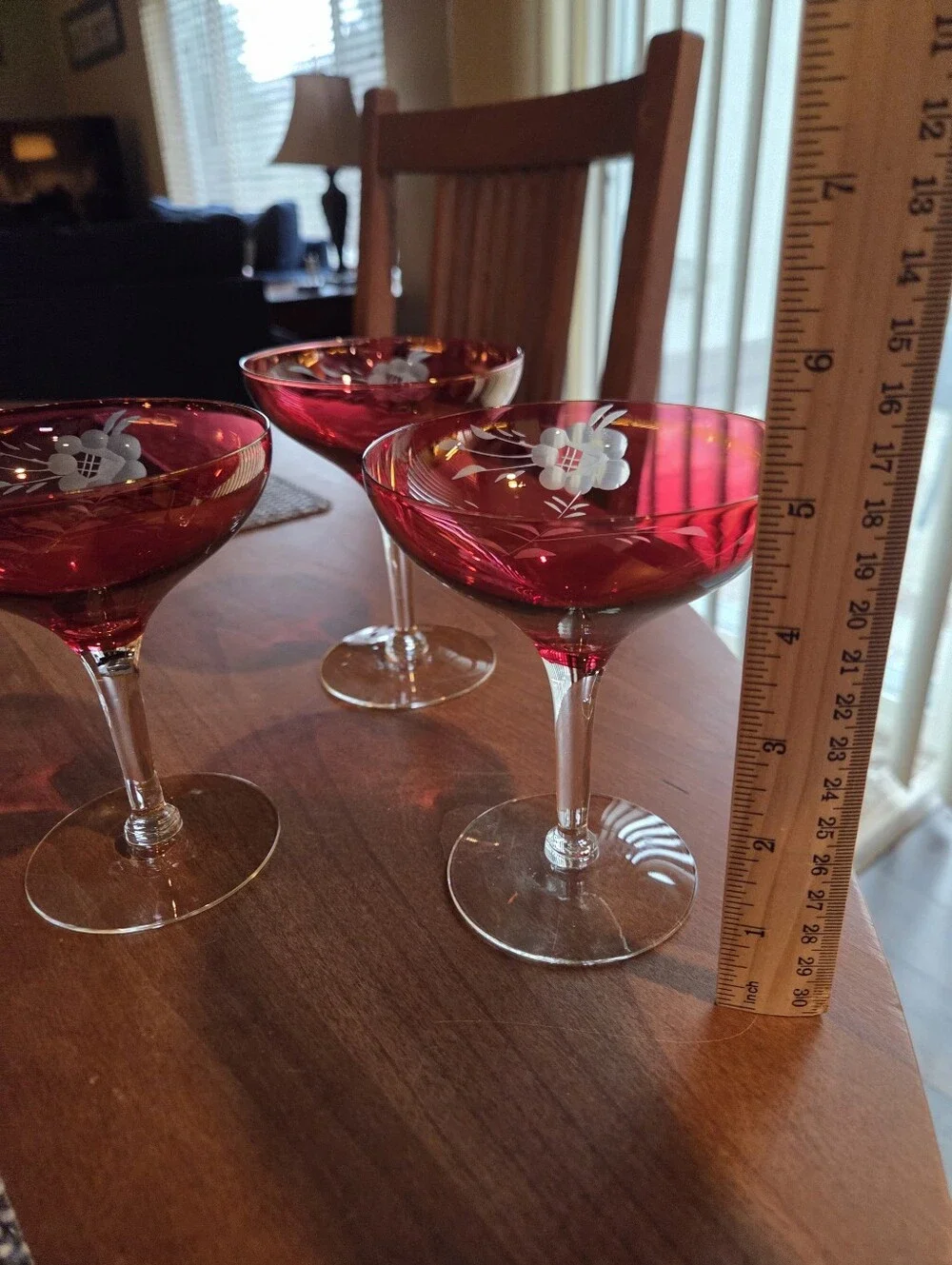 Vintage Cranberry Cut To Clear Bohemian Cutwork Coup Glasses (3)
